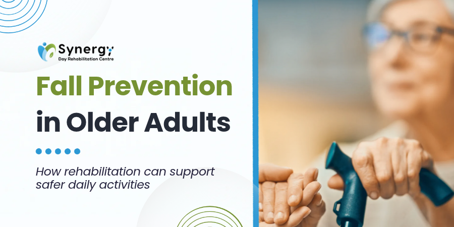 Fall prevention in older adults banner showing an older woman holding dumbbells.